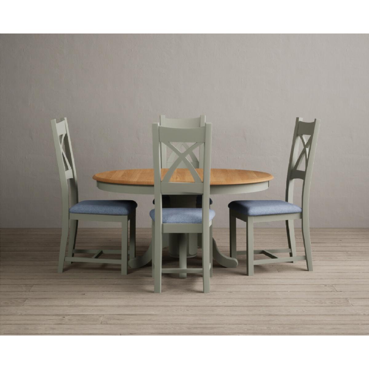 Extending Hertford 100cm - 130cm Oak and Soft Green Painted Pedestal Dining Table with 4 Blue Chairs – image 58