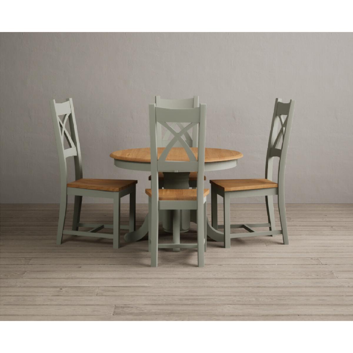 Extending Hertford 100cm - 130cm Oak and Soft Green Painted Pedestal Dining Table with 4 Blue Chairs – image 8