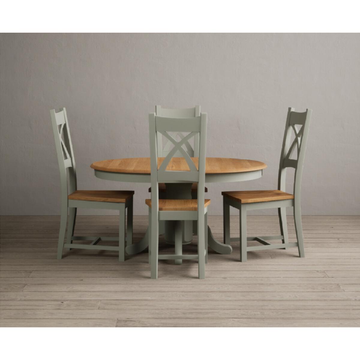 Extending Hertford 100cm - 130cm Oak and Soft Green Painted Pedestal Dining Table with 4 Blue Chairs – image 9