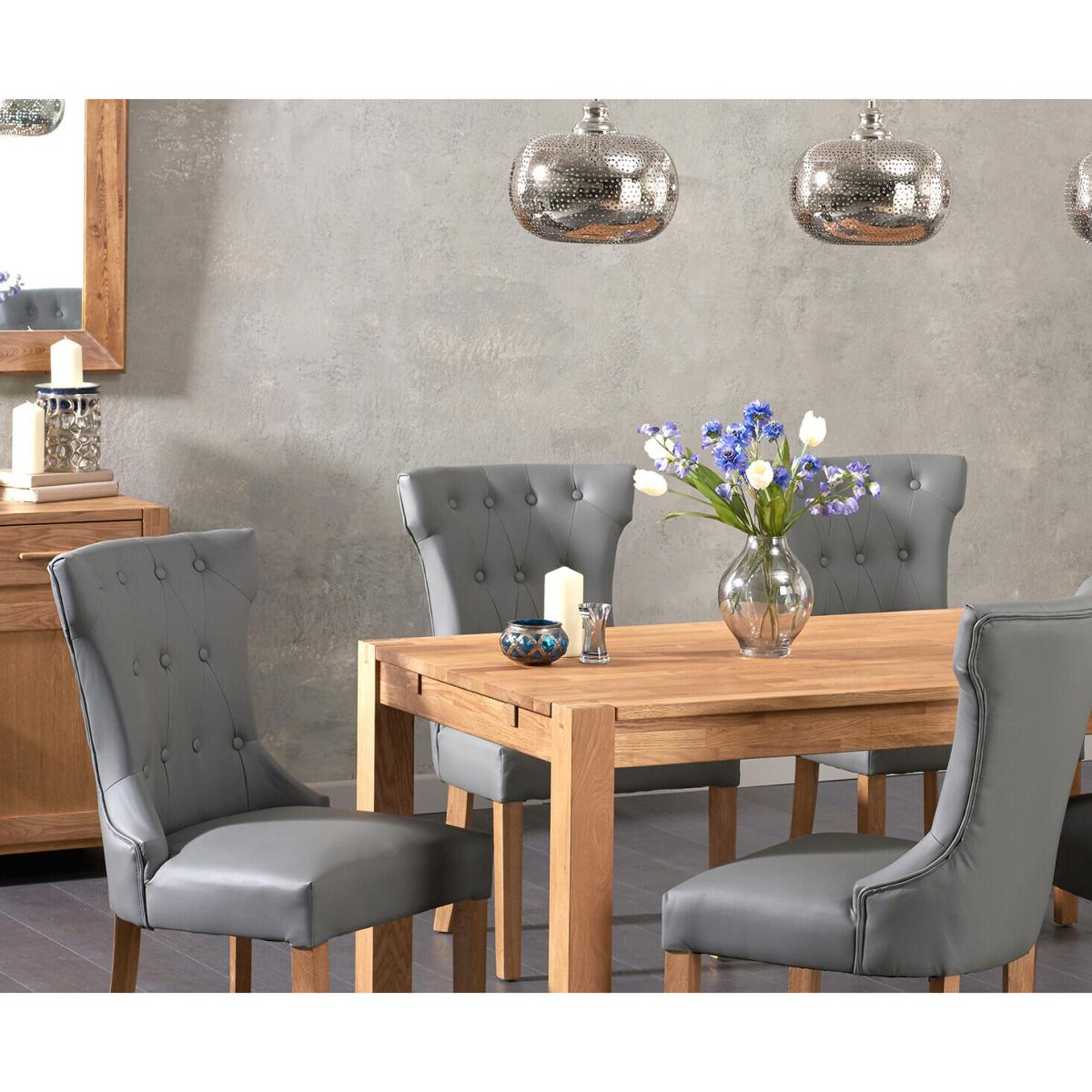 Thetford 150cm Oak Dining Table with Thetford 45cm Oak Extensions with 6 Grey Clara Chairs – image 2