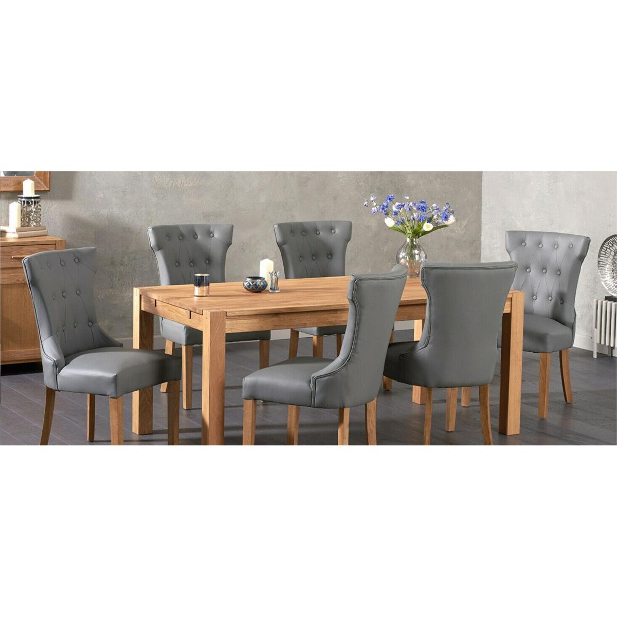 Thetford 150cm Oak Dining Table with Thetford 45cm Oak Extensions with 6 Grey Clara Chairs – image 7