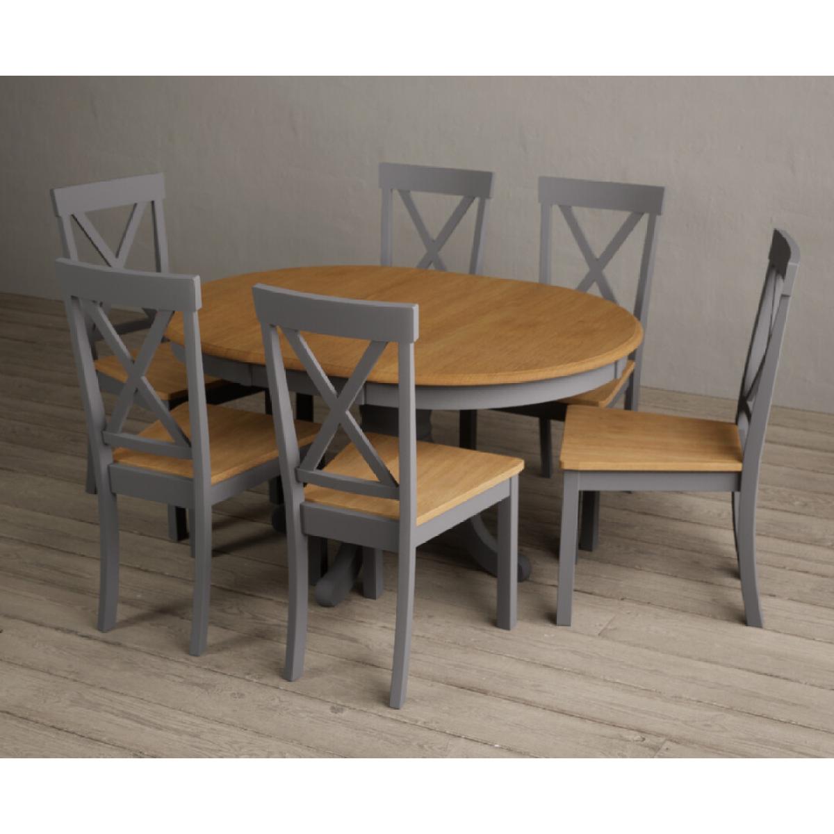 Extending Hertford Oak and Mid Grey Painted Pedestal Dining Table with 4 Charcoal Grey Hertford Chairs – image 3