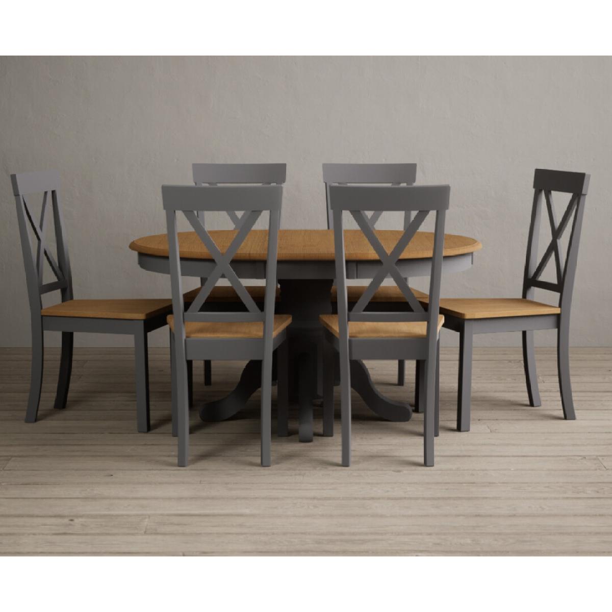 Extending Hertford Oak and Mid Grey Painted Pedestal Dining Table with 4 Charcoal Grey Hertford Chairs – image 4