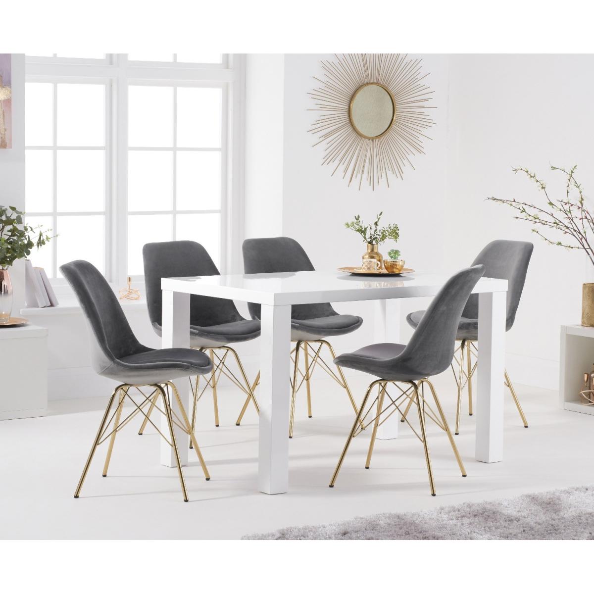 Atlanta 120cm White High Gloss Table with Celine Gold Legs Velvet Chairs - Grey, 4 Chairs – image 1