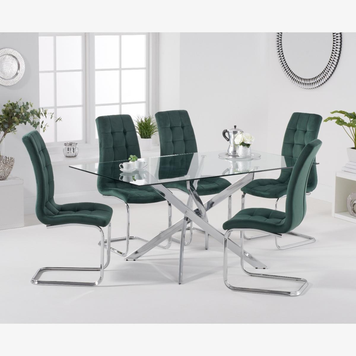 Denver 160cm Rectangular Glass Dining Table with Lorin Velvet Chairs - Blue, 4 Chairs