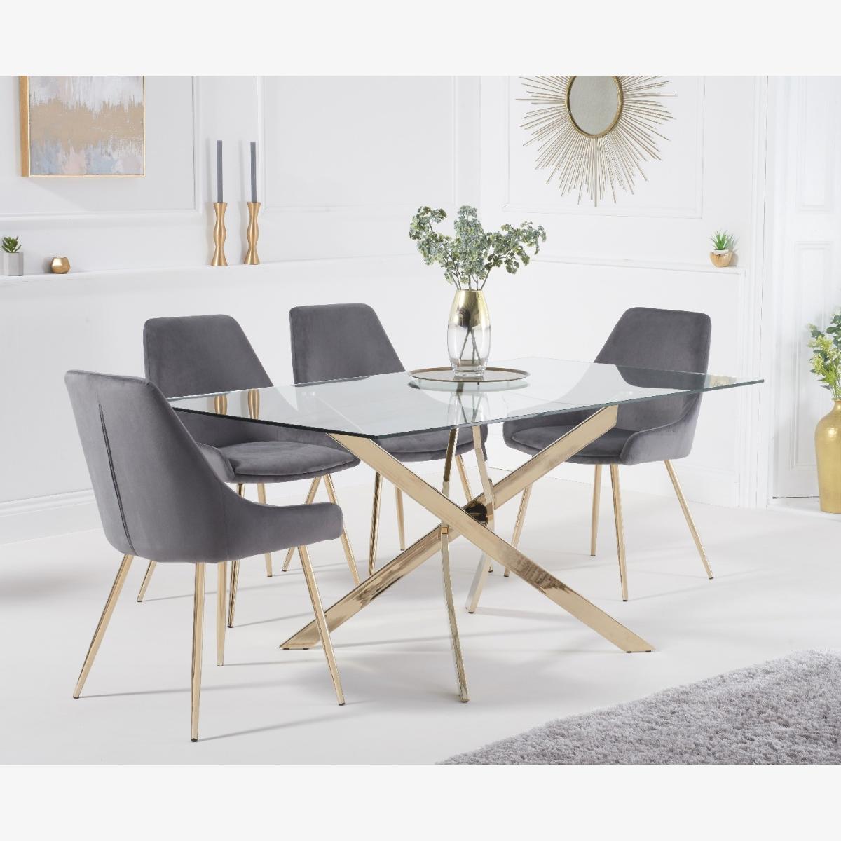 Denver 160cm Rectangular Gold Leg Glass Dining Table With 6 Grey Fern Velvet Chairs