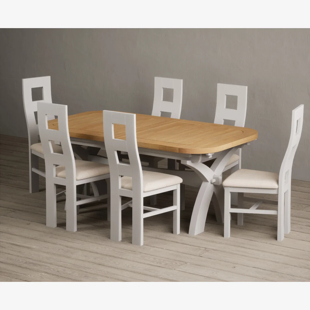Extending Olympia 180cm Oak and Soft White Painted Dining Table with 6 Linen Painted Chairs – image 1
