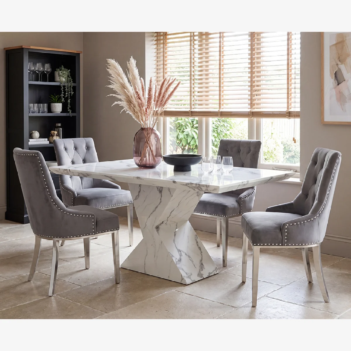 Aaron 160cm Marble White Dining Table with 4 Grey Sienna Chairs