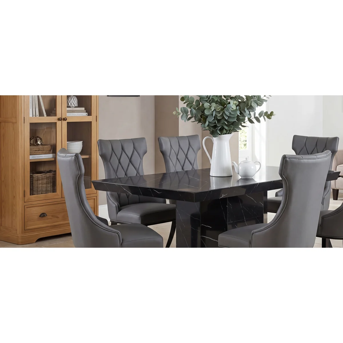 Carvelle 160cm Black Pedestal Marble Dining Table with 6 Grey Sophia Chairs – image 5