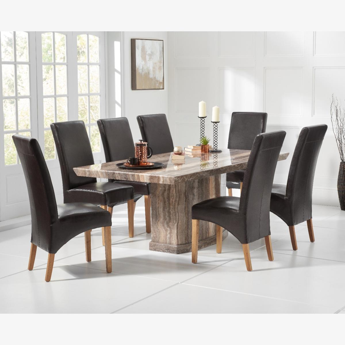 Carvelle 160cm Brown Pedestal Marble Dining Table With 6 Cream Cannes Chairs