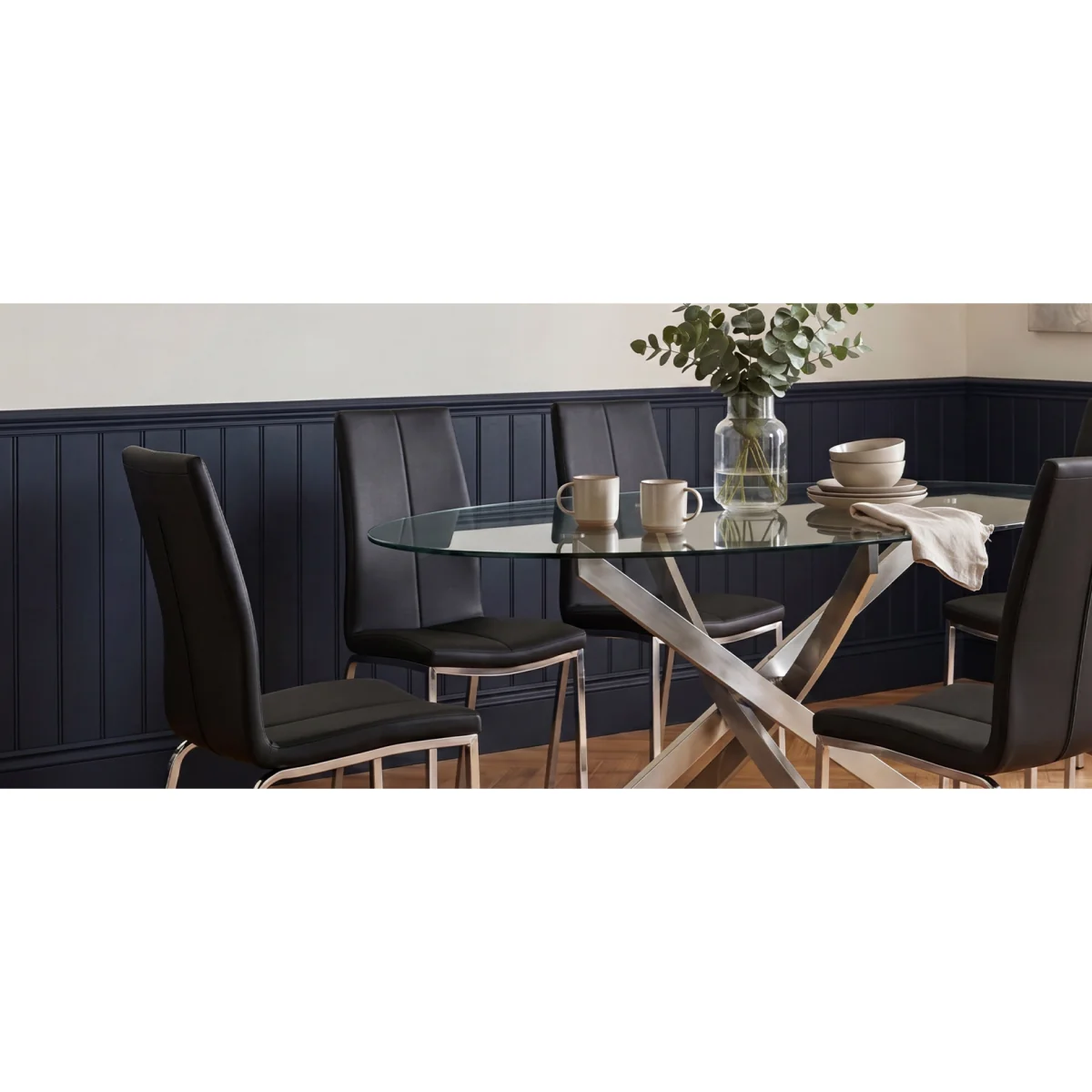 Bernini 165cm Oval Glass Dining Table with 6 Black Aldo Chairs – image 5