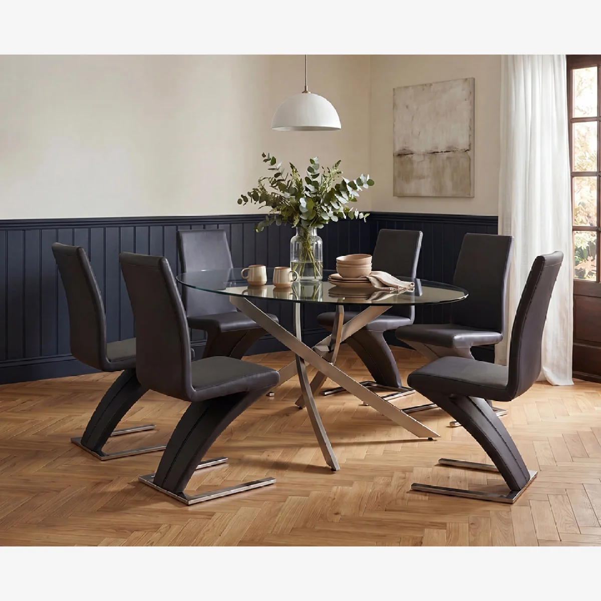 Bernini 165cm Oval Glass Dining Table with 6 Black Aldo Chairs – image 1