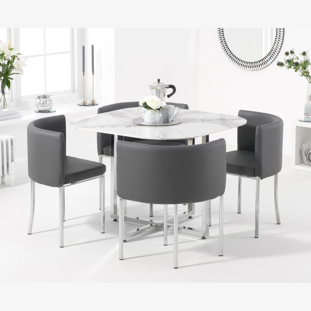 Algarve White Marble Dining Table With 4 Grey High Back Stools