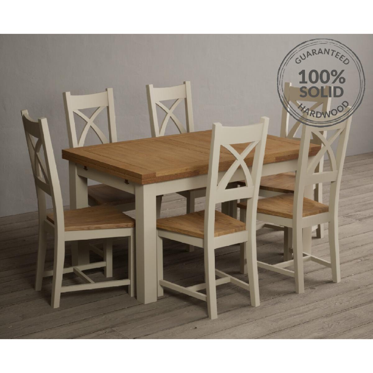 Extending Hampshire 140cm Oak and Cream Painted Dining Table with 6 Blue X Back Chairs – image 2