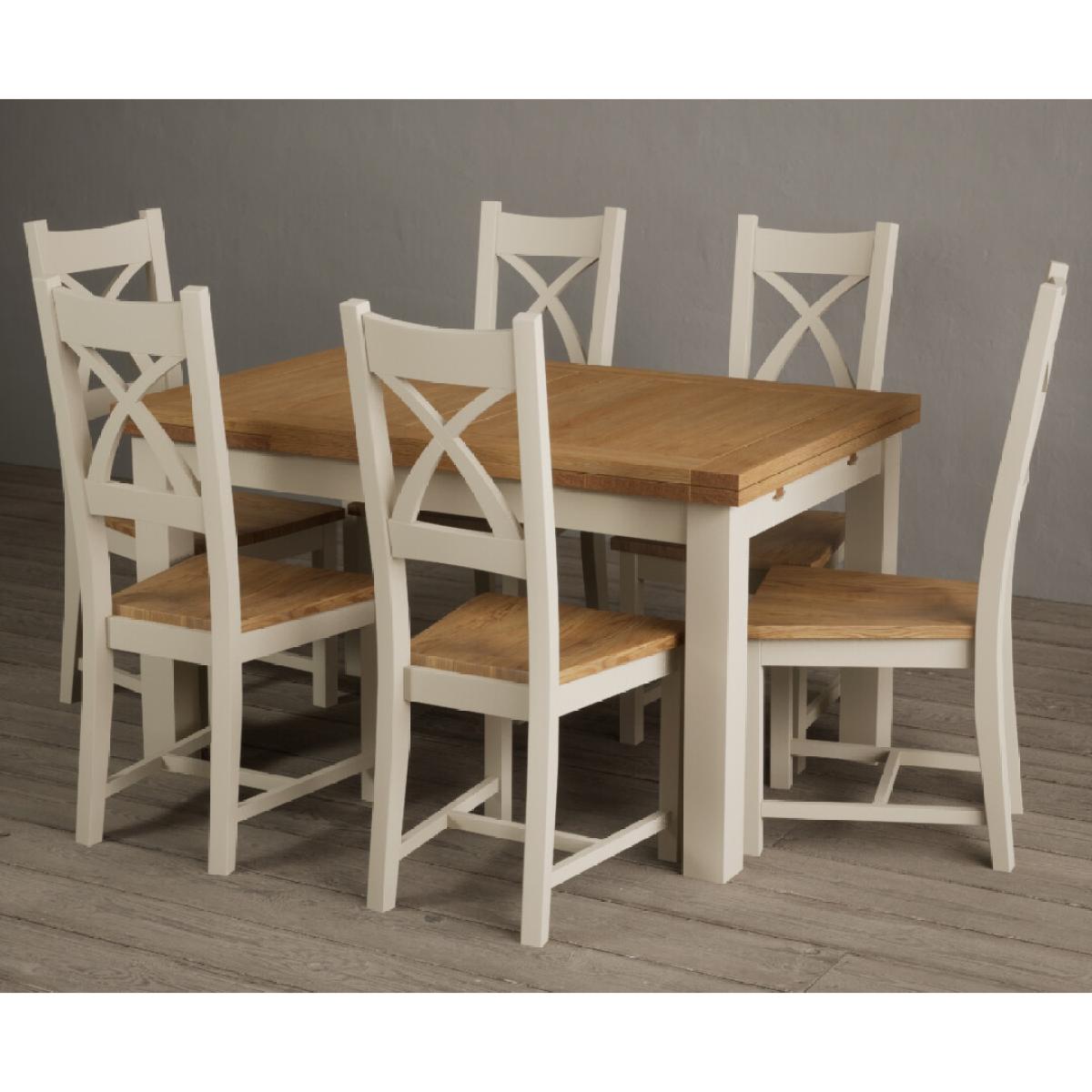Extending Hampshire 140cm Oak and Cream Painted Dining Table with 6 Blue X Back Chairs – image 12
