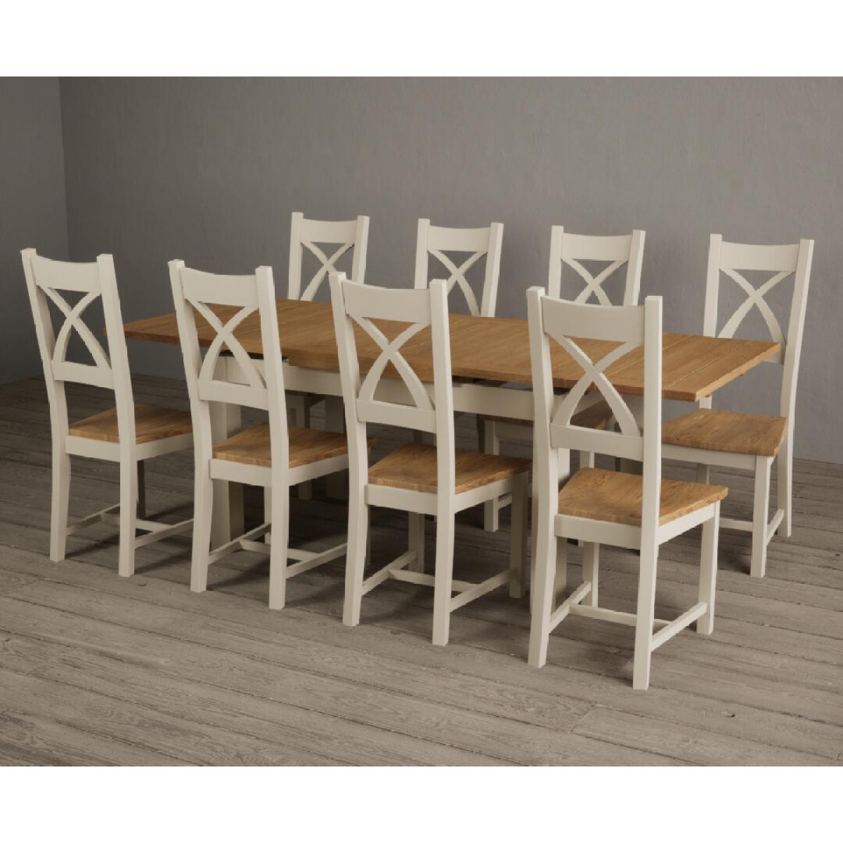 Extending Hampshire 140cm Oak and Cream Painted Dining Table with 6 Blue X Back Chairs – image 14