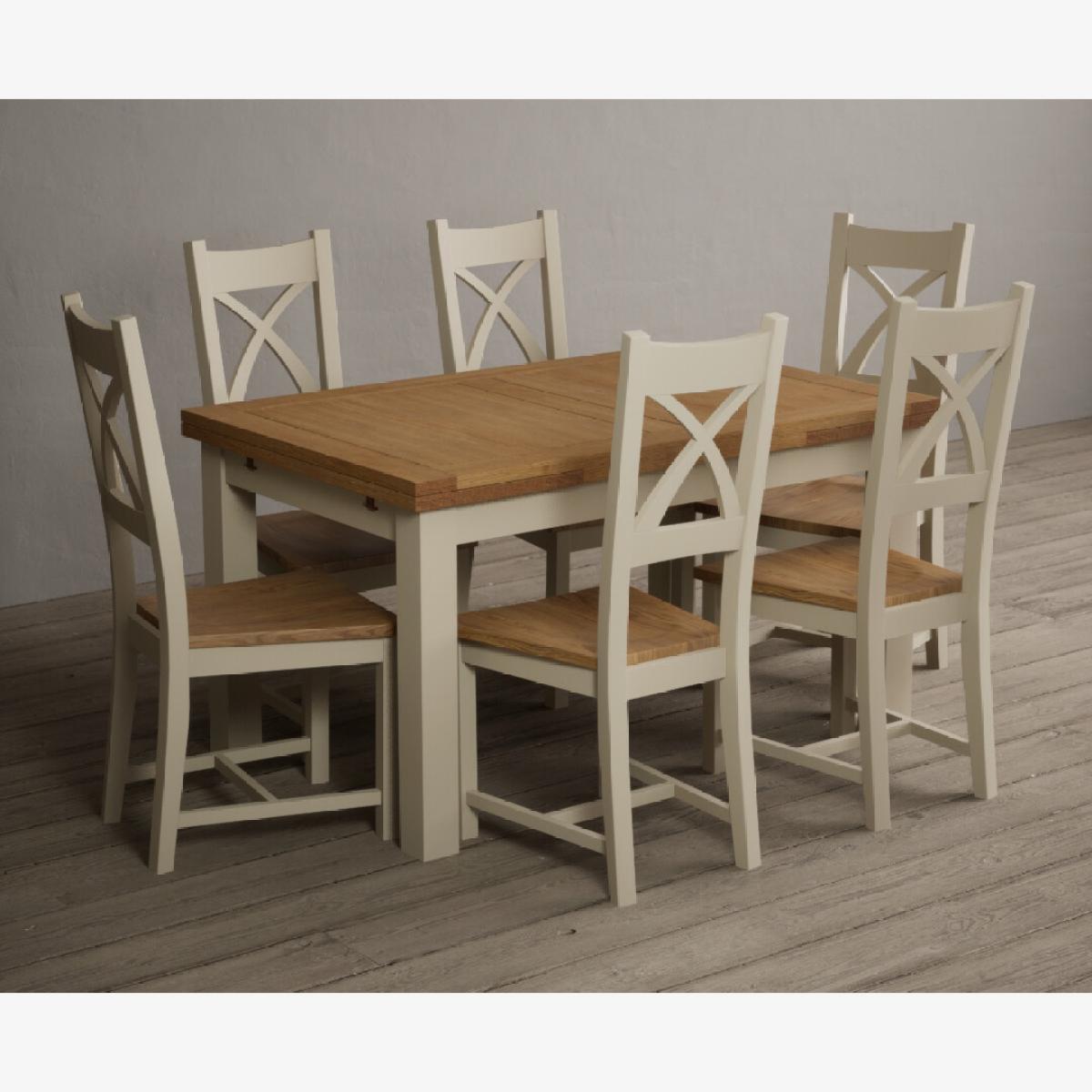 Extending Hampshire 140cm Oak and Cream Painted Dining Table with 6 Blue X Back Chairs – image 1