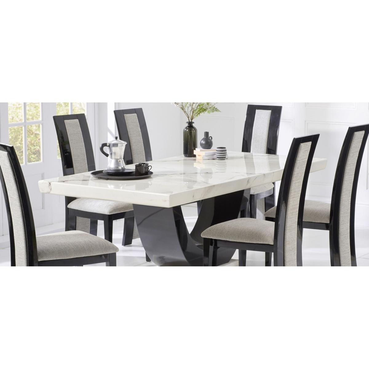 Raphael 200cm White and Black Pedestal Marble Dining Table With 8 Cream Francesca Chairs – image 19
