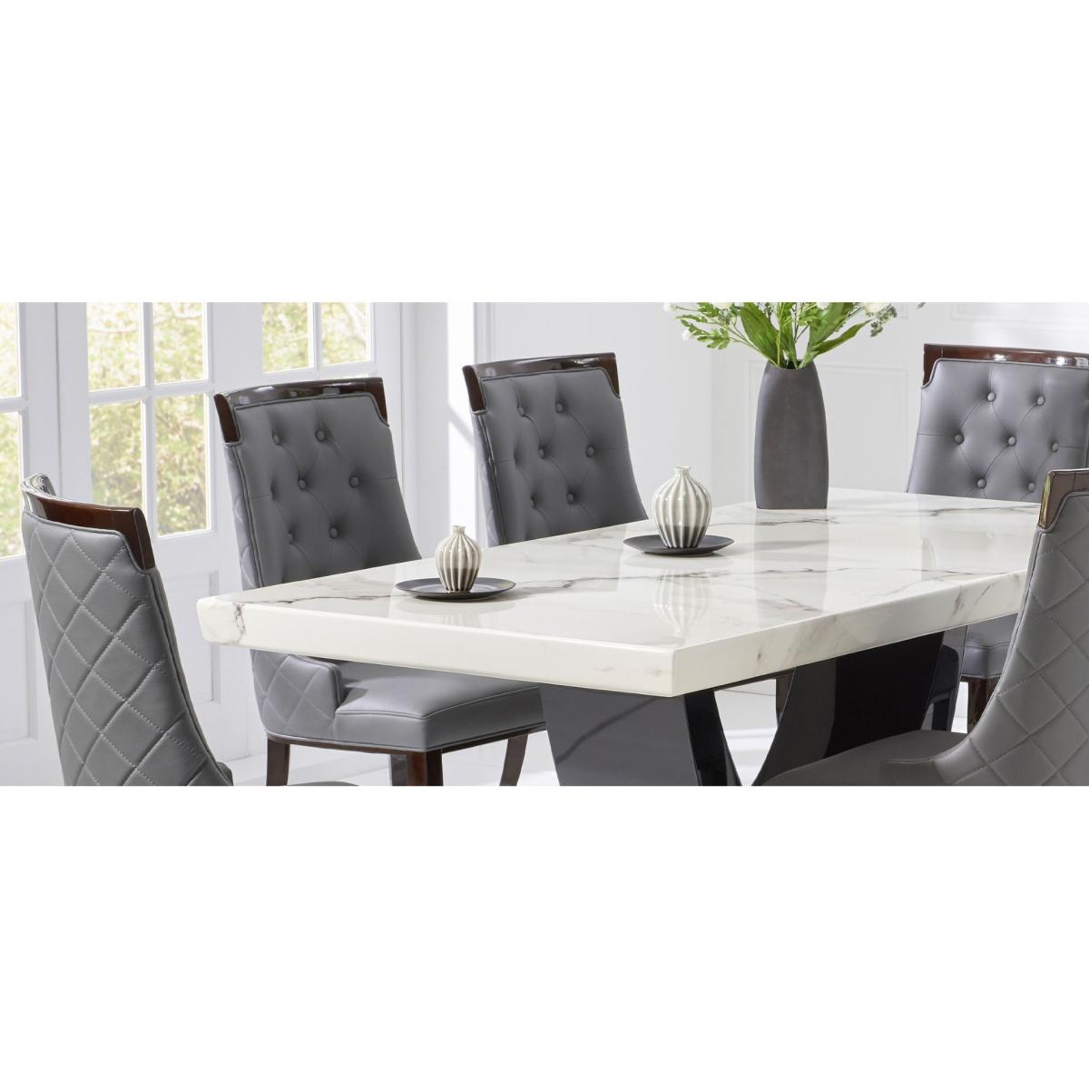 Raphael 200cm White and Black Pedestal Marble Dining Table With 8 Cream Francesca Chairs – image 9
