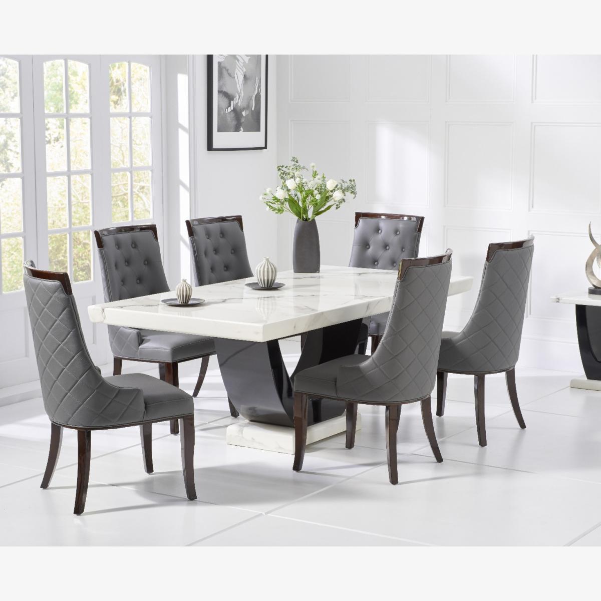 Raphael 200cm White and Black Pedestal Marble Dining Table With 8 Cream Francesca Chairs – image 1
