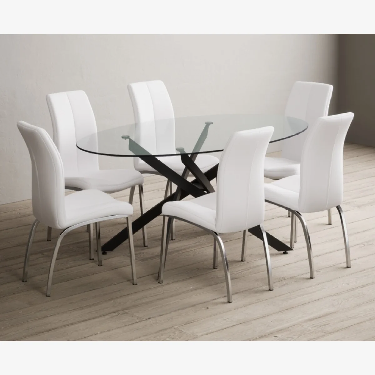 Bernini 165cm Black Leg Oval Glass Dining Table with 6 Grey Marco Chairs