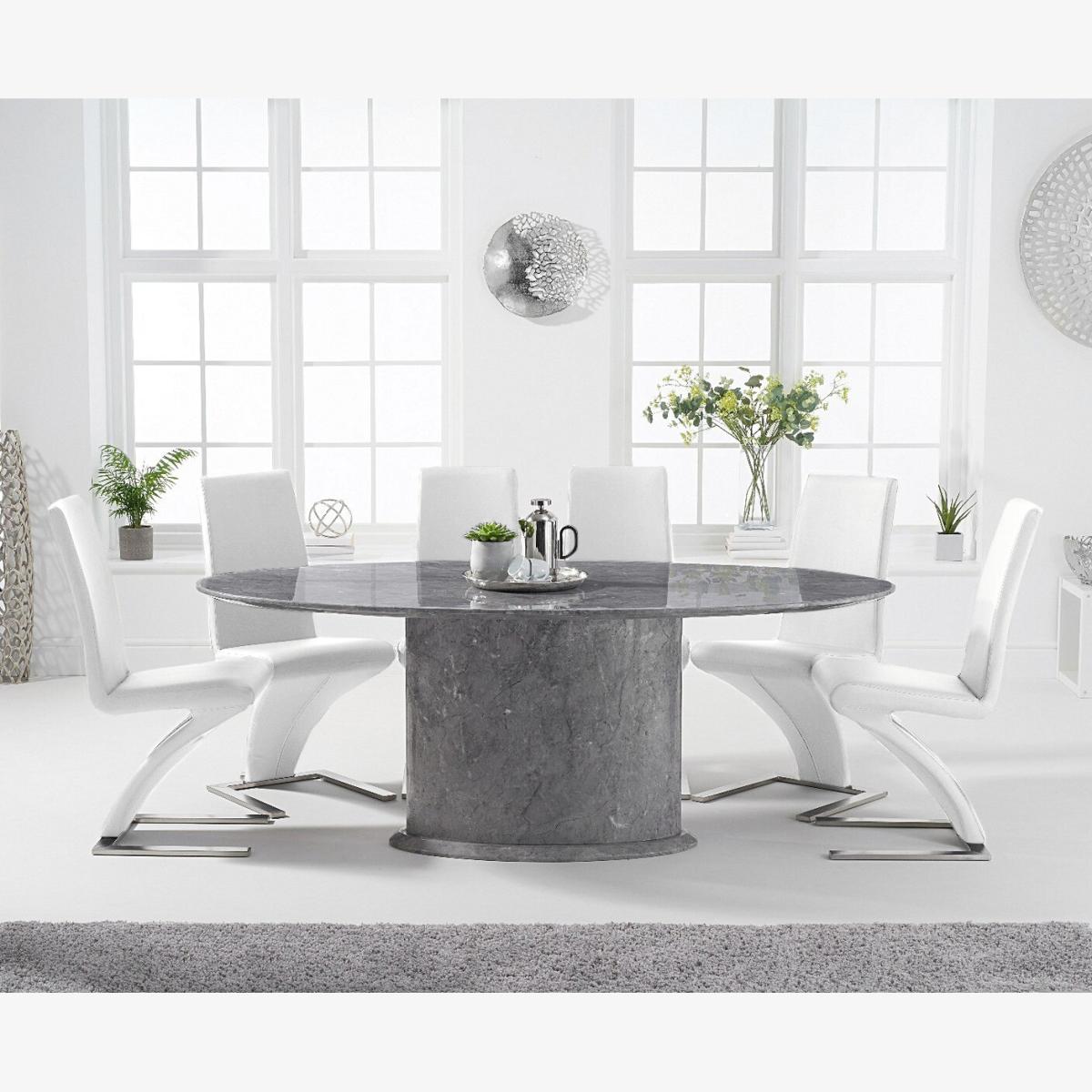 Colby 200cm Oval Grey Marble Dining Table With 6 White Aldo Chairs – image 1