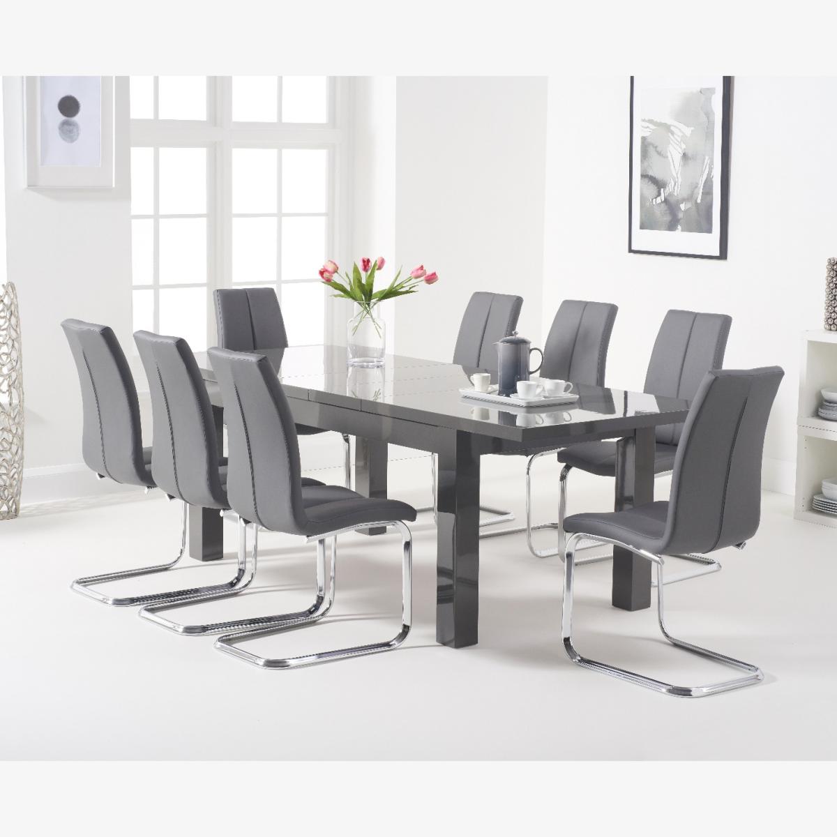 Atlanta Dark Grey Gloss 160-220cm Extending Dining Table With 8 Grey Tarin Chairs