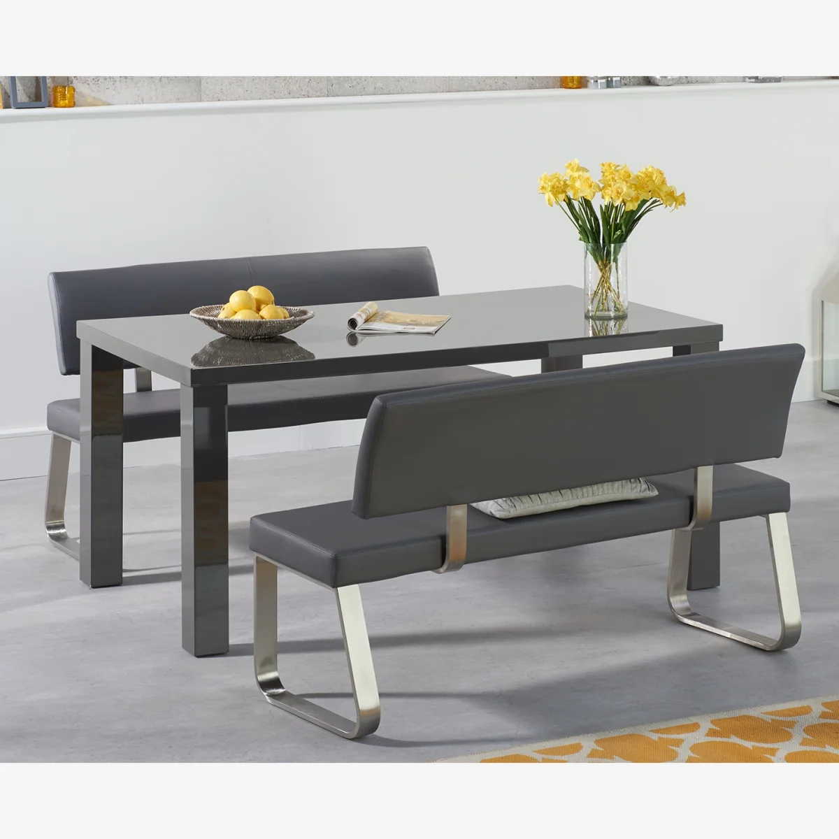 Seattle 160cm Dark Grey High Gloss Dining Table with Malaga Benches