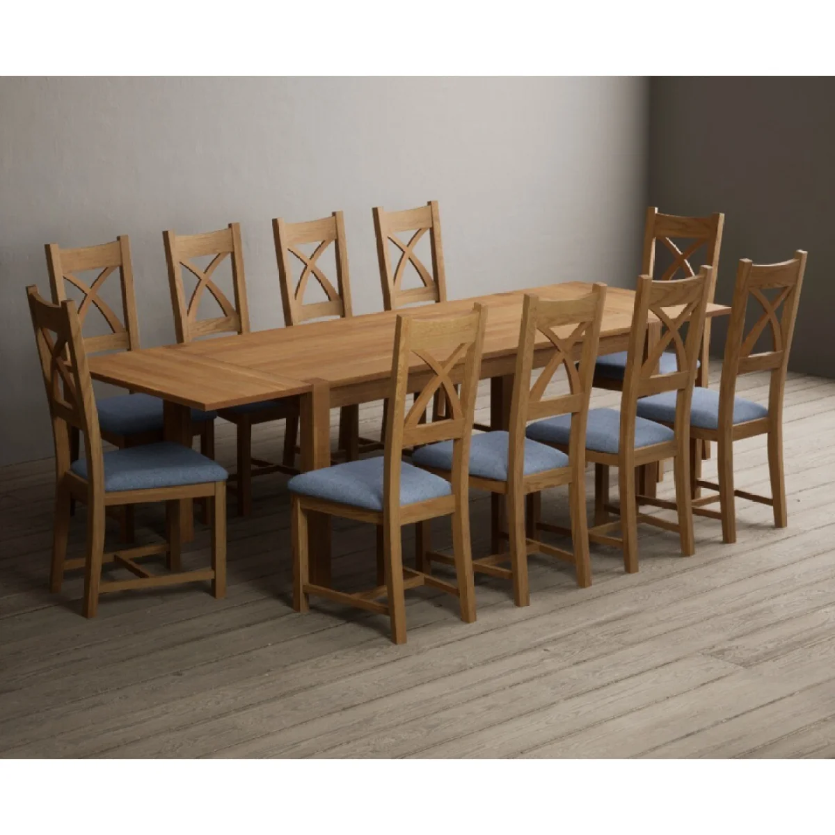Thetford 180cm Oak Dining Table with Thetford 45cm Oak Extensions with 10 Blue Natural Solid Oak Chairs – image 6