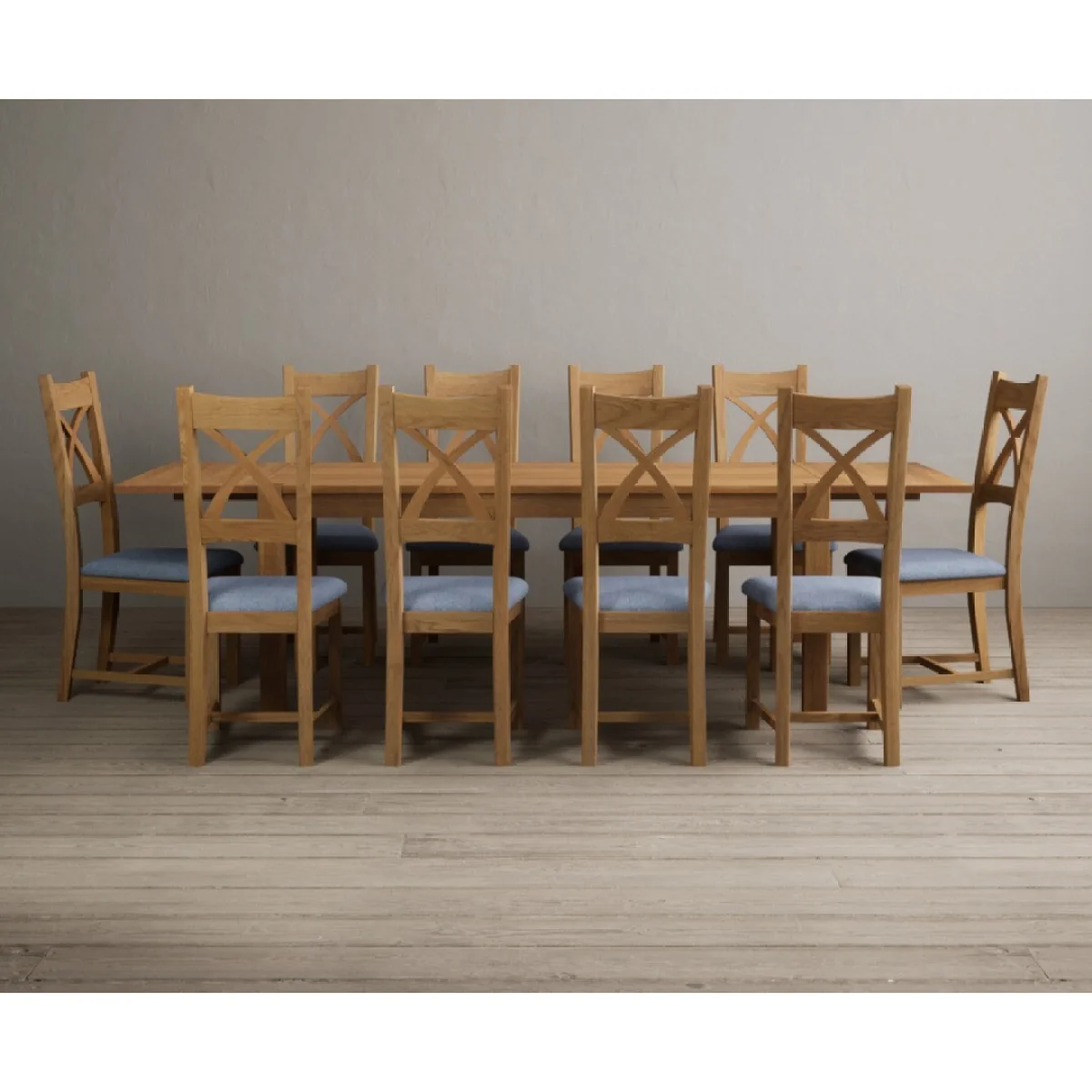 Thetford 180cm Oak Dining Table with Thetford 45cm Oak Extensions with 10 Blue Natural Solid Oak Chairs – image 7