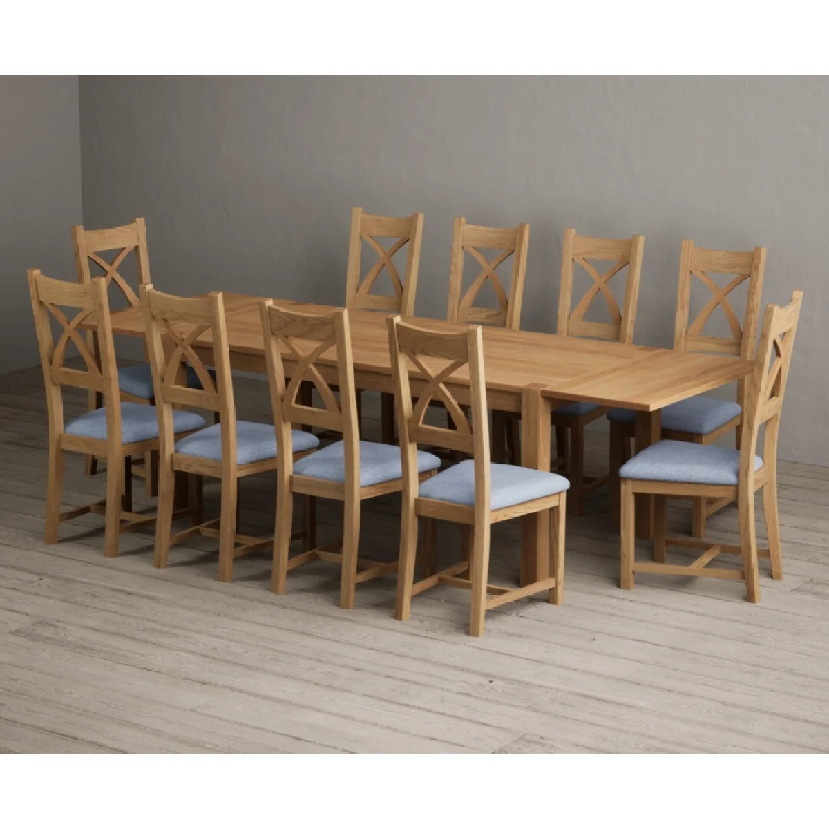 Thetford 180cm Oak Dining Table with Thetford 45cm Oak Extensions with 10 Blue Natural Solid Oak Chairs – image 8