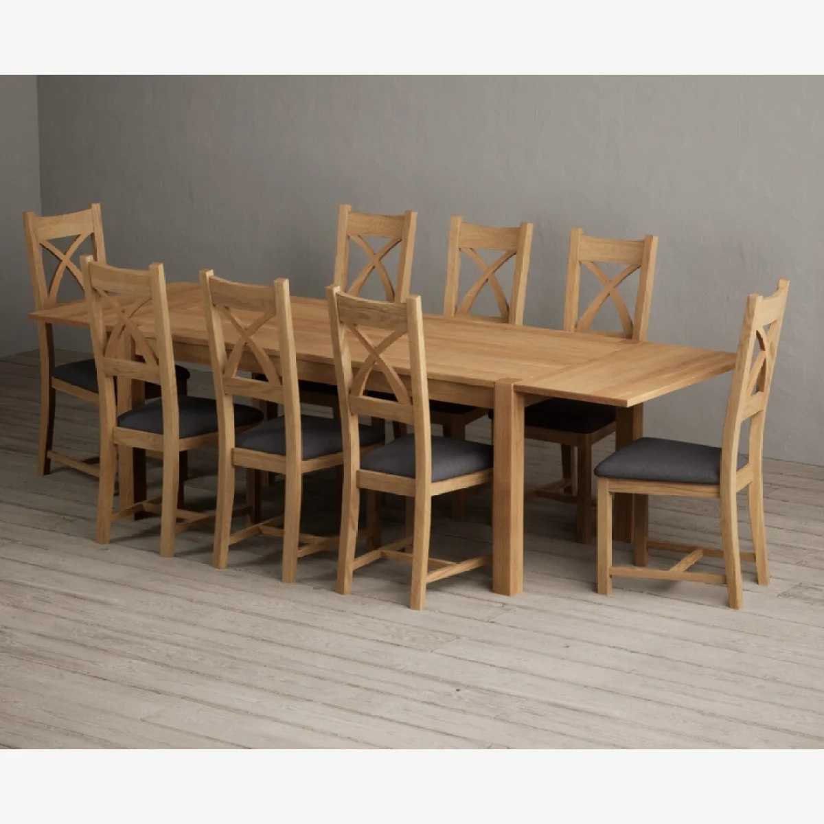 Thetford 180cm Oak Dining Table with Thetford 45cm Oak Extensions with 10 Blue Natural Solid Oak Chairs – image 1