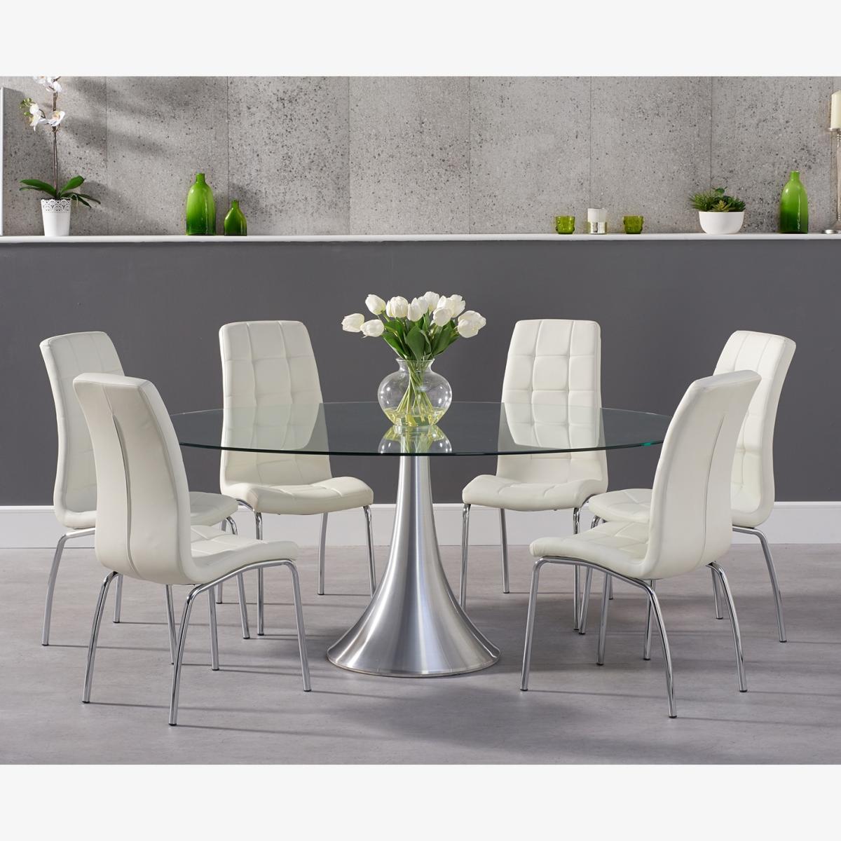 Paloma 180cm Oval Glass Dining Table With 6 Ivory White Calgary Chairs