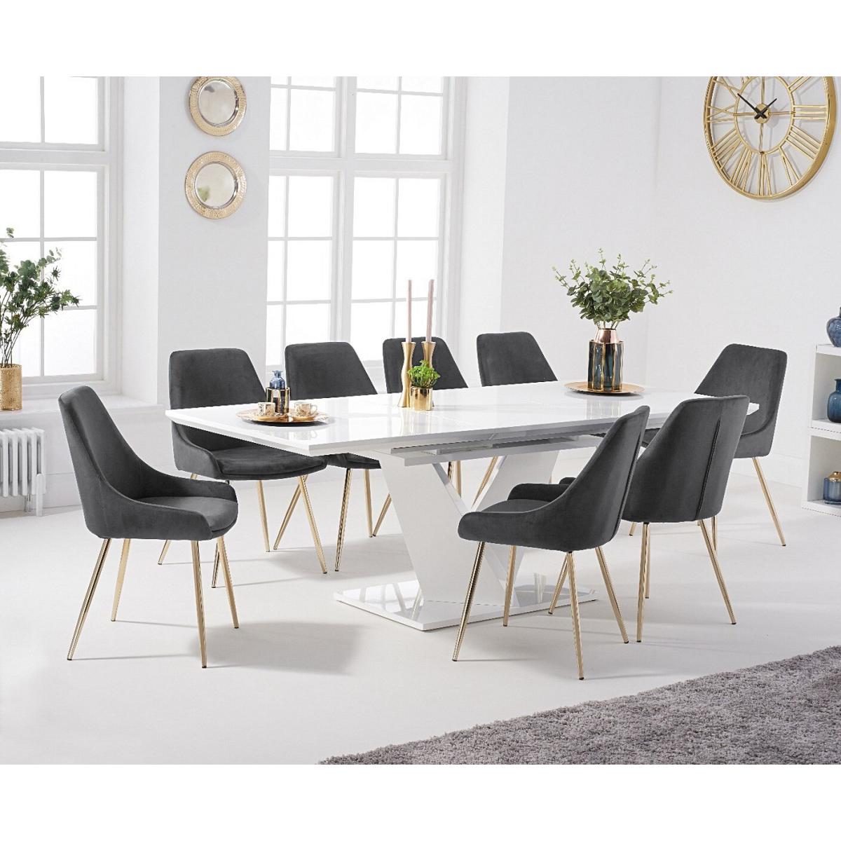 Extending  Vittorio 160cm White High Gloss Dining Table with 8 Blue Lola Chairs – image 2