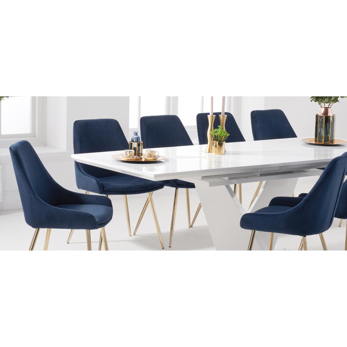 Extending  Vittorio 160cm White High Gloss Dining Table with 8 Blue Lola Chairs – image 9