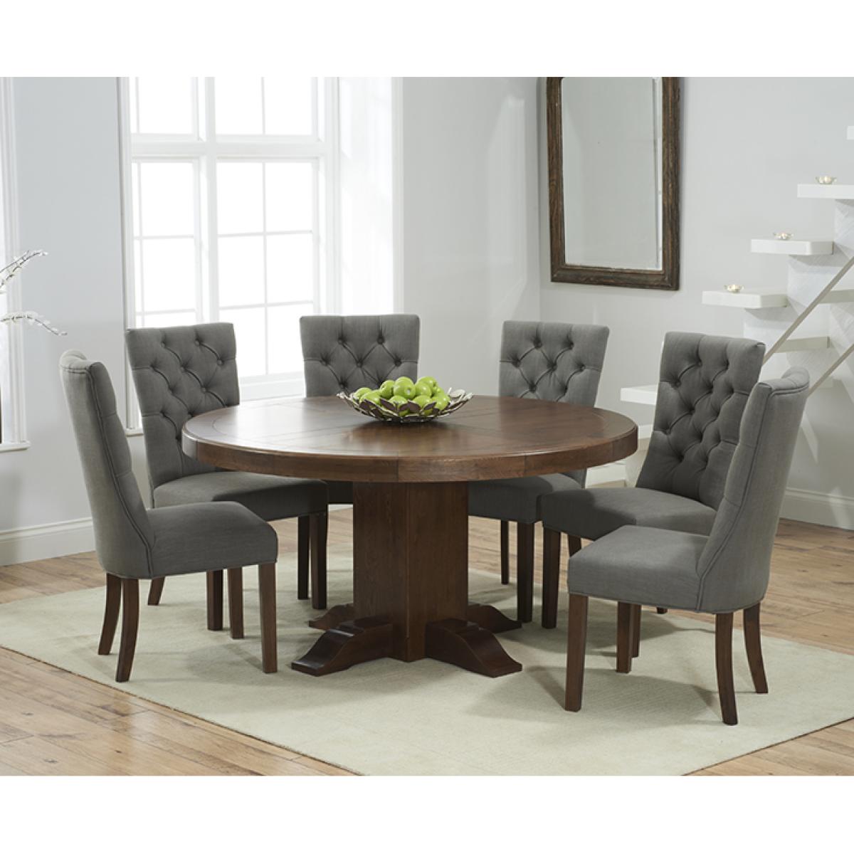 Helmsley 150cm Dark Solid Oak Round Pedestal Dining Table with 6 Cream Francois Fabric Dark Oak Leg Chairs – image 2