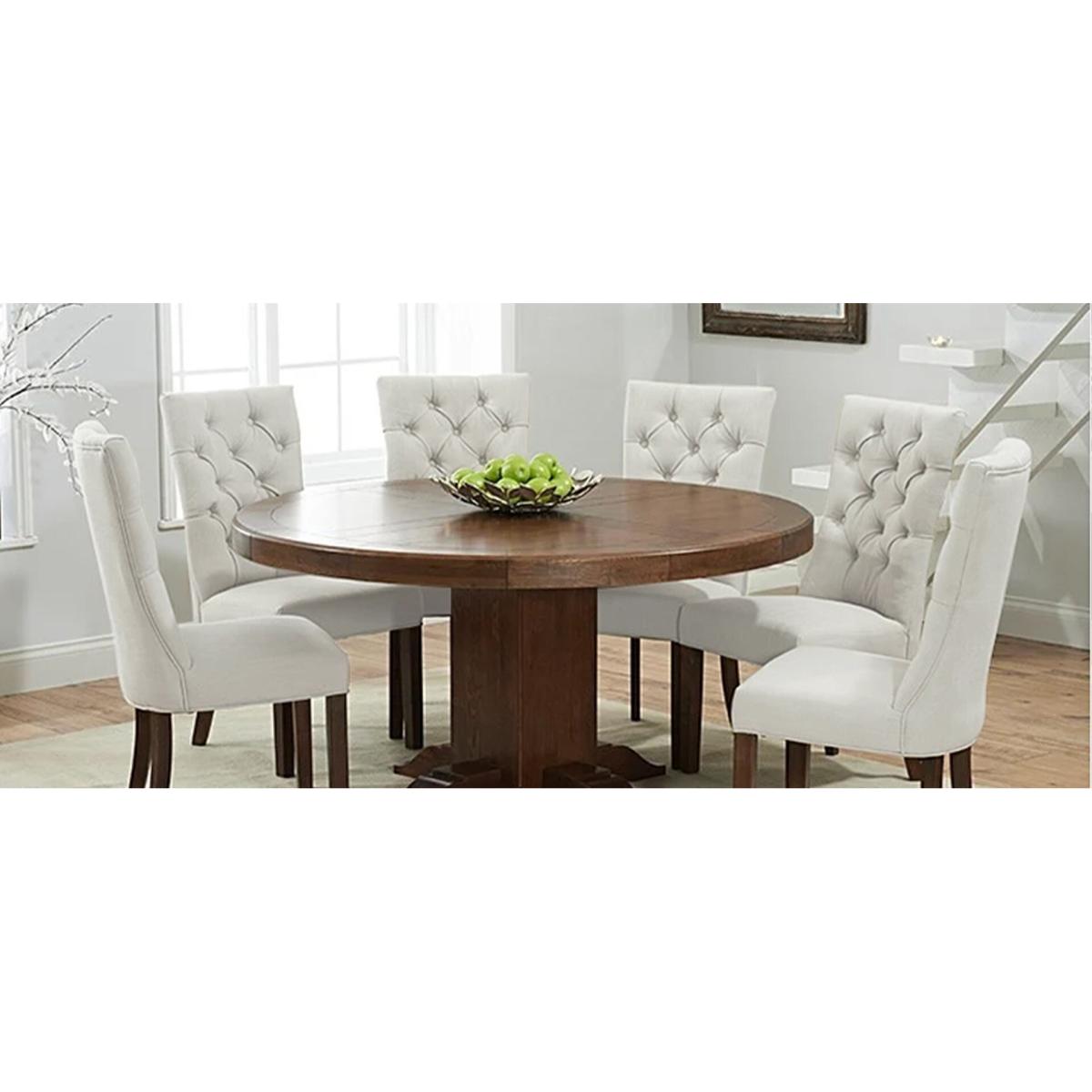 Helmsley 150cm Dark Solid Oak Round Pedestal Dining Table with 6 Cream Francois Fabric Dark Oak Leg Chairs – image 12