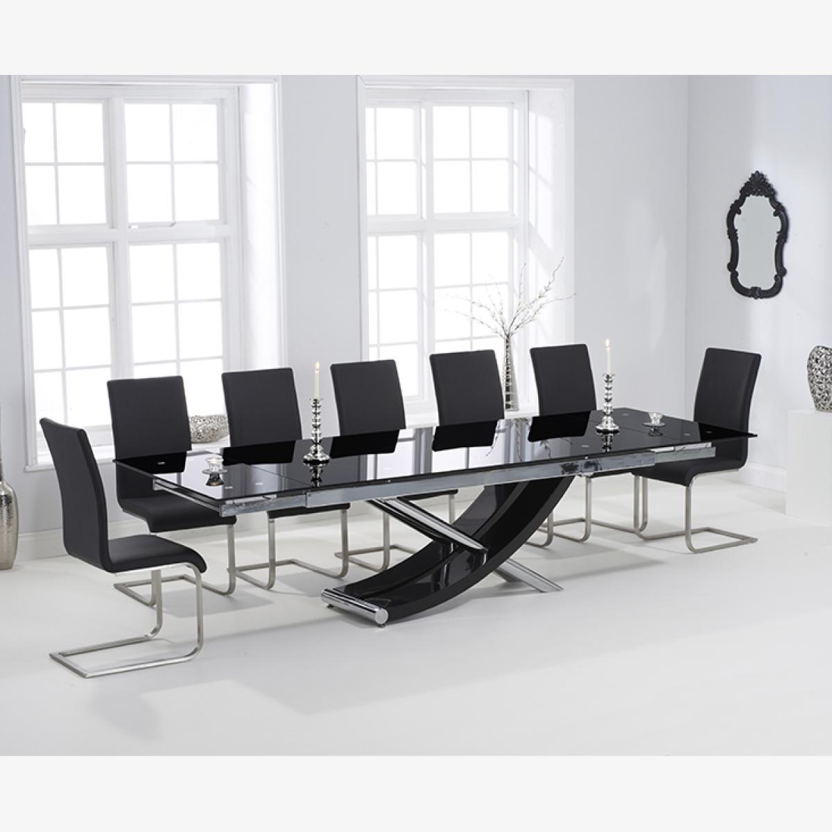 Hilton 210cm Extending Black Glass Dining Table With 6 White Malaga Chairs