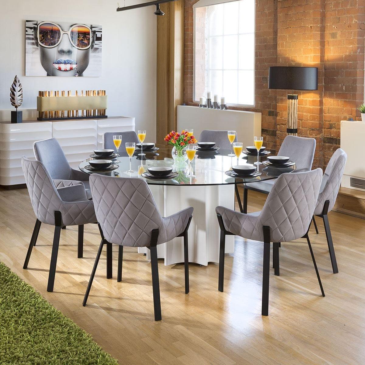 Quatropi Modern 8 Seater Round Glass Gloss Dining Set Charcoal Fabric – image 2