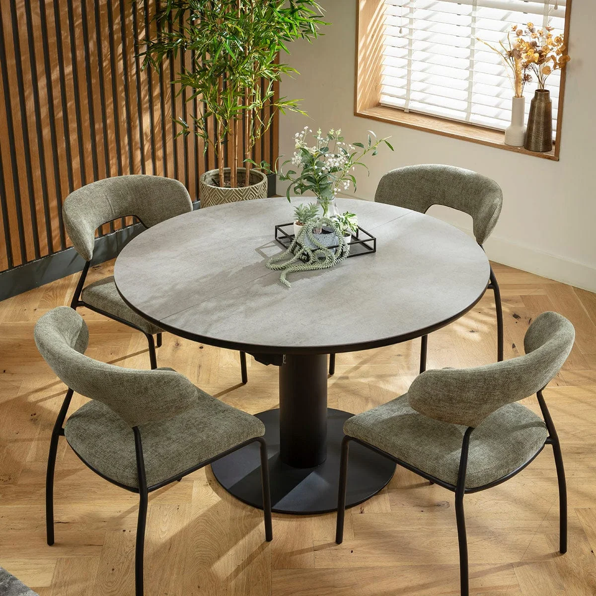 Contemporary Round Extendable Dining Table and Chairs 4 Seater Set Green & Grey Ceramic – image 2