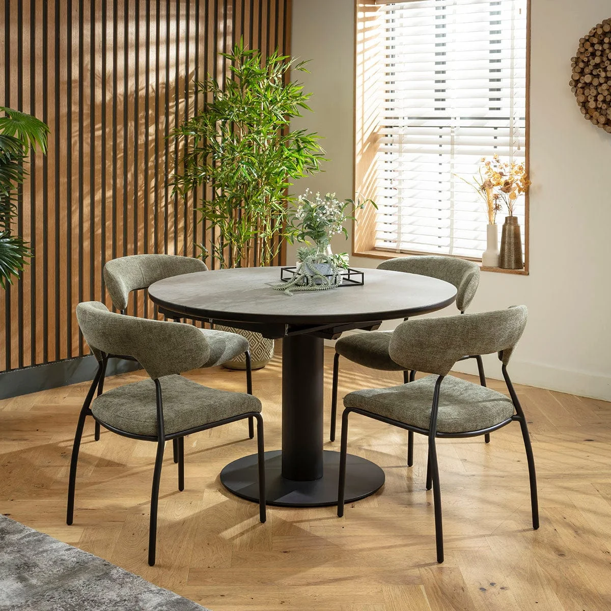 Contemporary Round Extendable Dining Table and Chairs 4 Seater Set Green & Grey Ceramic – image 1