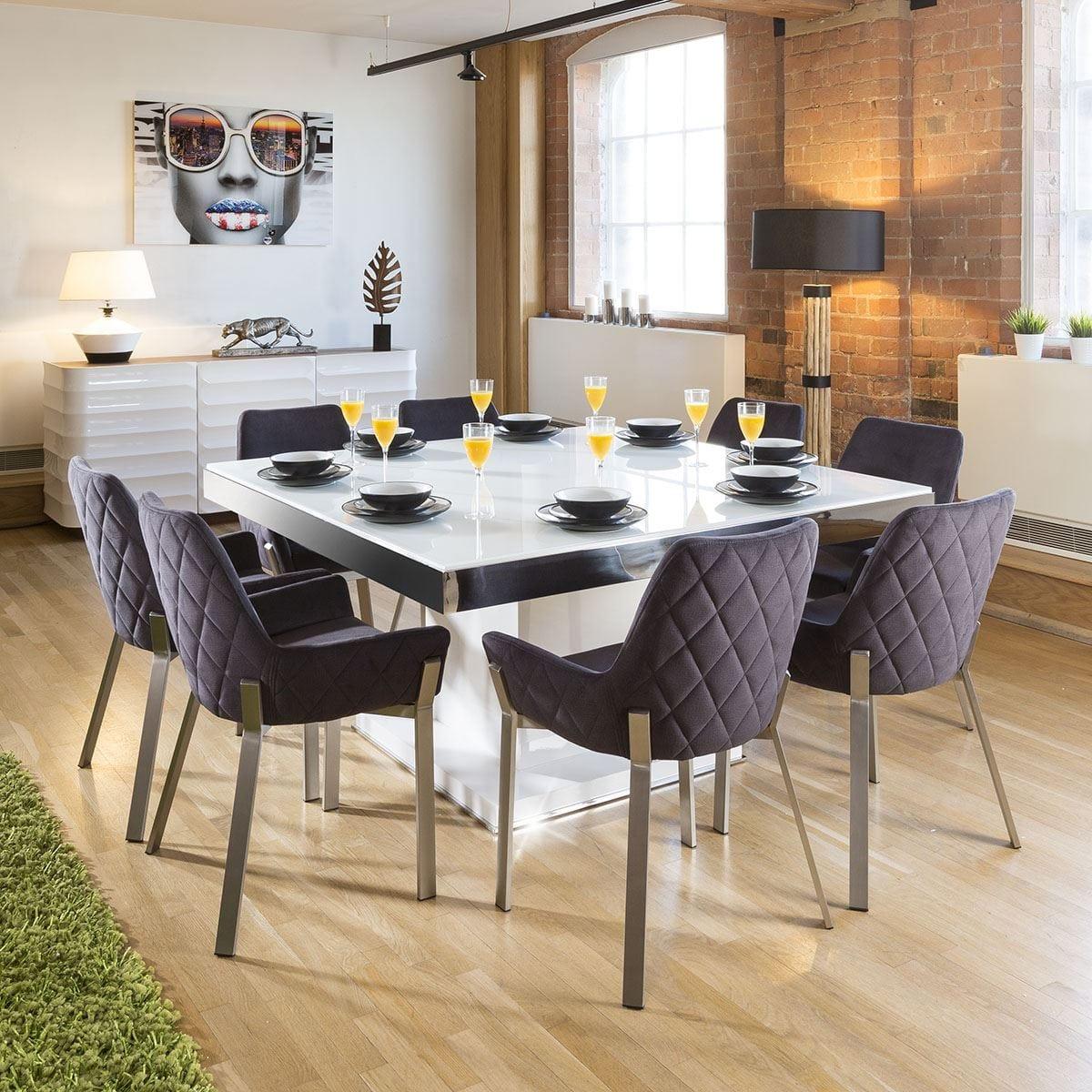 Large Modern 8 Seater Square Chrome Dining Set White Gloss Charcoal – image 2