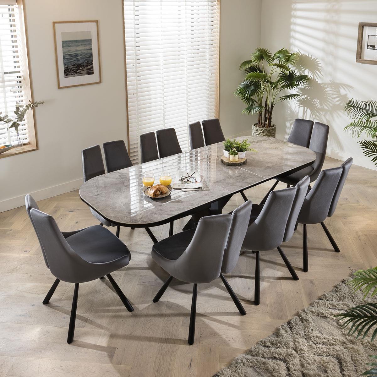 Grey Extending Ceramic Table, Fine Velvet Chairs - 8 Seater Dining Set – image 2