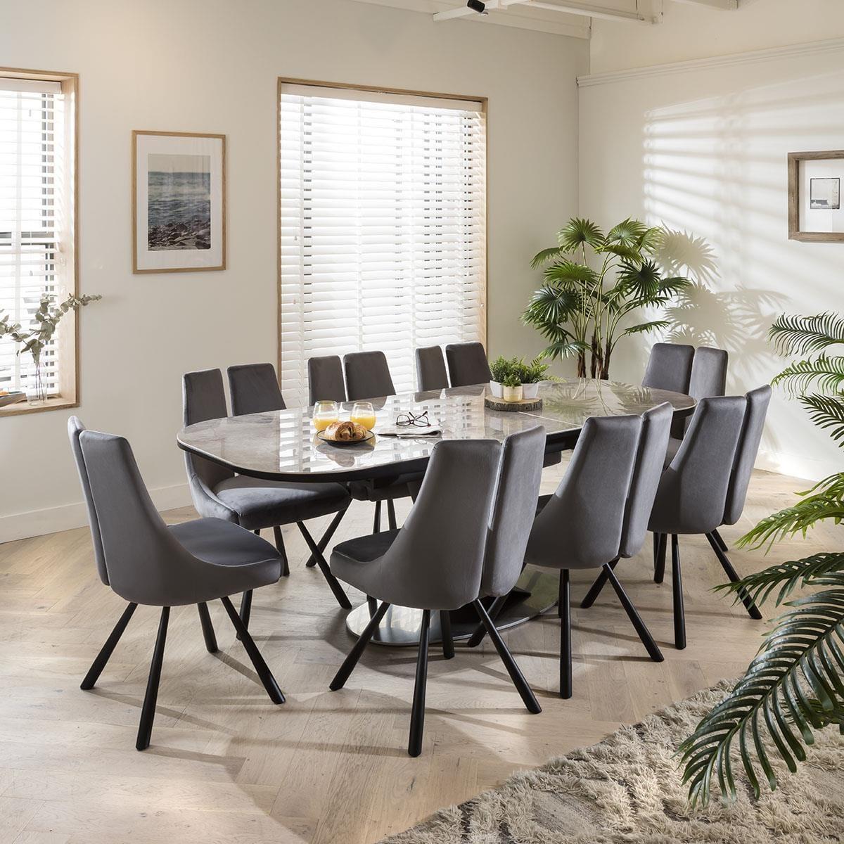 Grey Extending Ceramic Table, Fine Velvet Chairs - 8 Seater Dining Set – image 1