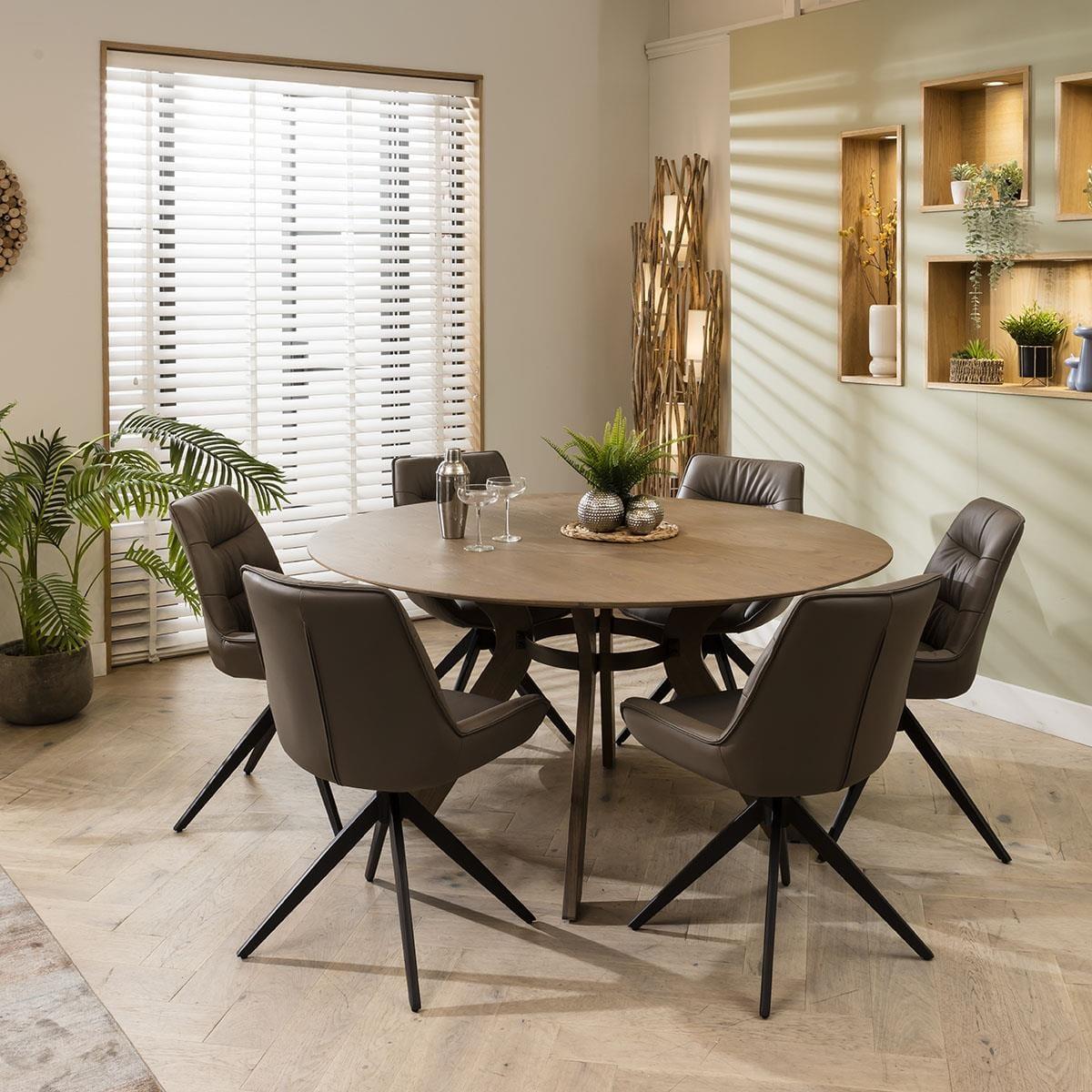Modern 150cm Round Wooden Dining Table And 6 Chairs Set Grey Leather – image 2