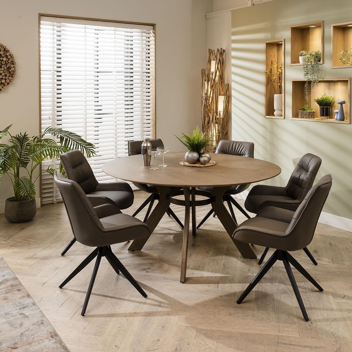 Modern 150cm Round Wooden Dining Table And 6 Chairs Set Grey Leather – image 3