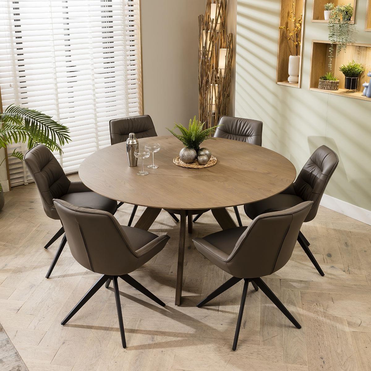 Modern 150cm Round Wooden Dining Table And 6 Chairs Set Grey Leather – image 4