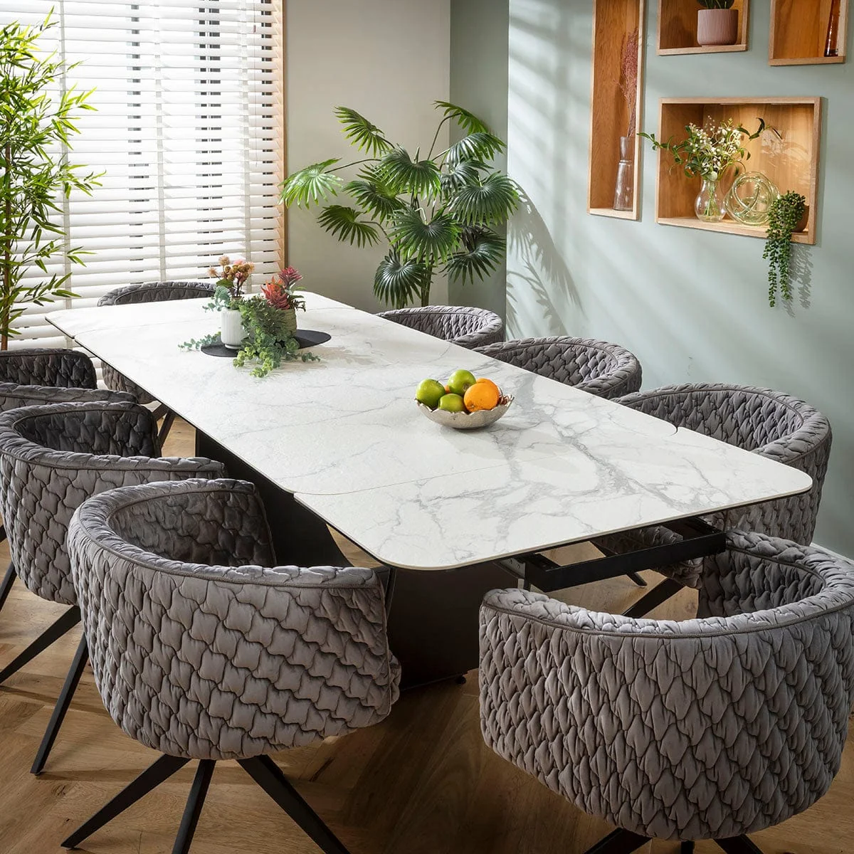 Large Extendable Dining Table and Chairs 8 Seater Set Grey & Matte White Ceramic – image 1