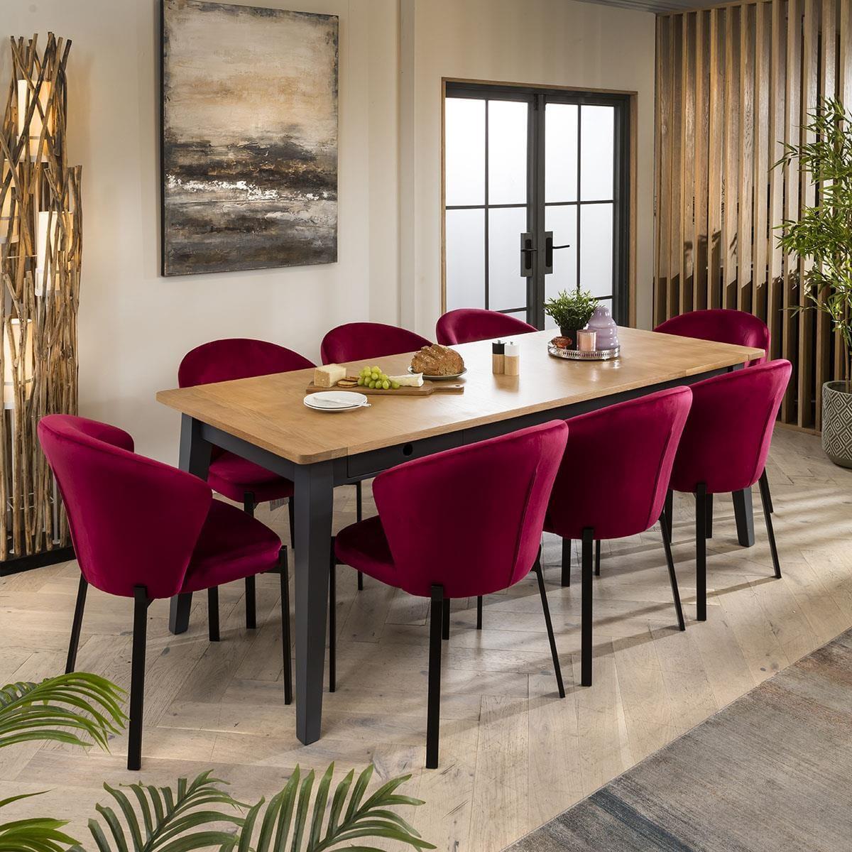 Modern 8 Chair Extending Dining Set Oak Red Velvet Chairs 175-215cm – image 2