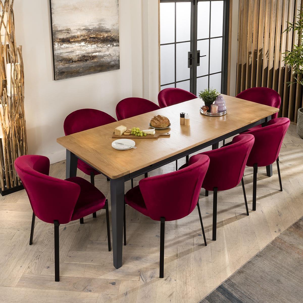 Modern 8 Chair Extending Dining Set Oak Red Velvet Chairs 175-215cm – image 3